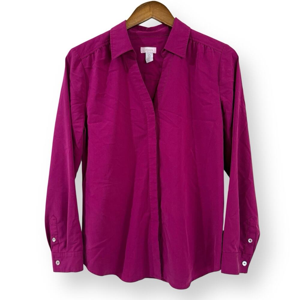 Chicos Top Womens 0 S/4 Pink Silky Modal V-neck Long Sleeve Button Up Stretch